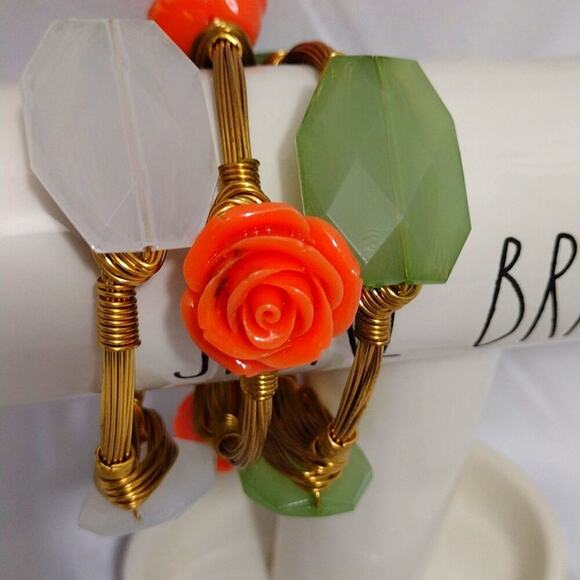 3 Large Bangle Bracelets Green Roses Stone - Picture 3 of 7